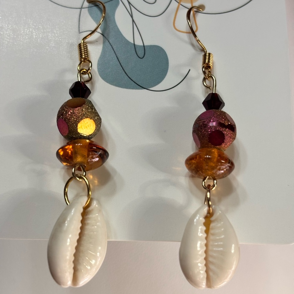Handmade Cowrie Shell Dangle Earrings with crystal accents gold filled earwires